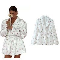 2025 summer European and American fashion print loose suit collar tie waist suit jacket two-color