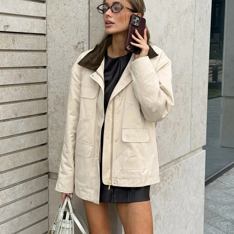 

Женская ветровка цвета хаки из чистого хлопка с воротником на молнии, верхняя одежда, свободный крой, утягивающий универсальный простой лоскутный кардиган