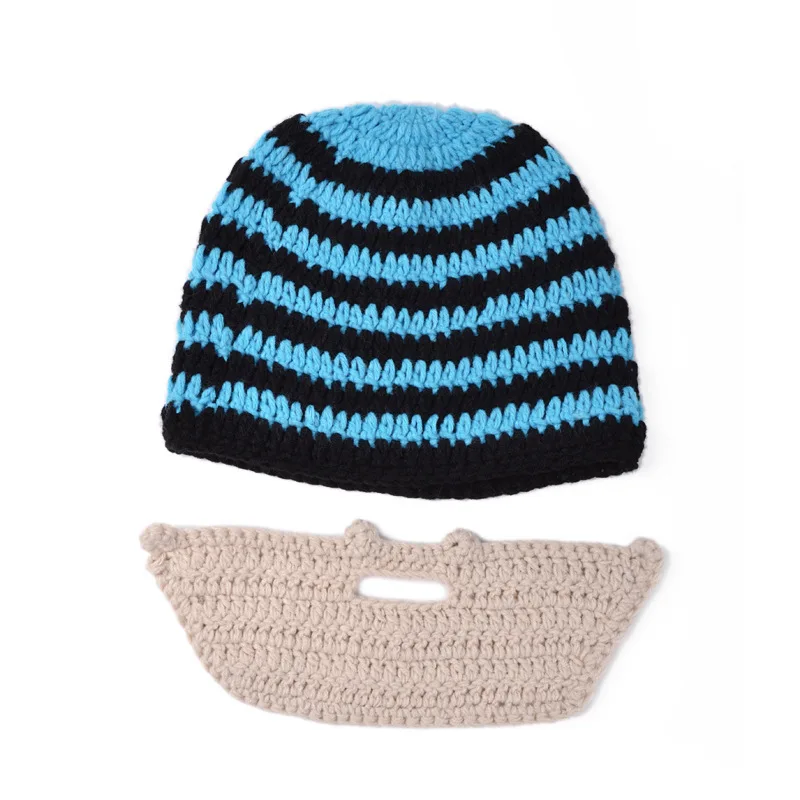 Men\'s Beard Hat Knitted Winter Beanie Striped Bonnet Touca Gorro Blue Gray Yellow Orange