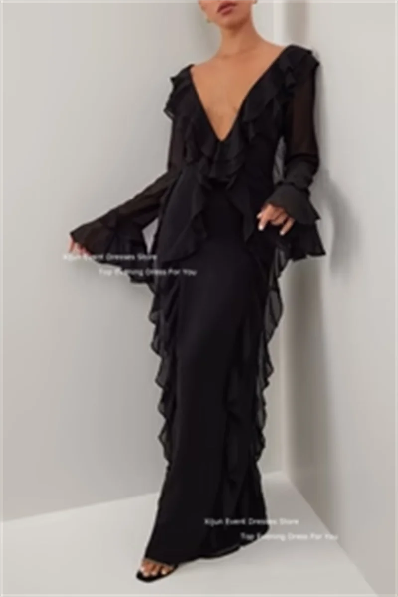 Xijun Black Asymmetric Evening Dresses Long Chiffon Prom Dresses Long Sleeves Party Dresses V-Neck Prom Gowns Ruffles For Women