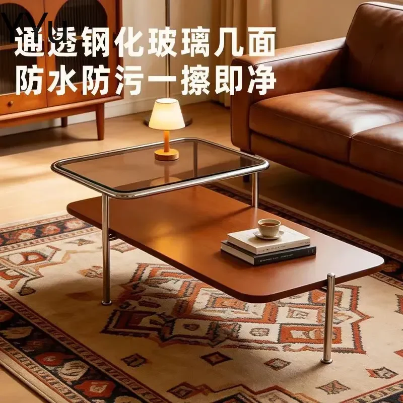 for Bauhaus Style Rectangular Coffee Table Antique Solid Wood Glass Top French Minimalist Living Room Edge Furniture Small