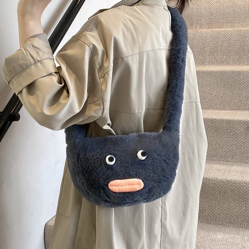 2024 New Sausage Mouth Hair Bag Funny Ugly Cute Oblique Span Plush Shoulder Women's Bag Japanese and Korean Ins Girl Fashion