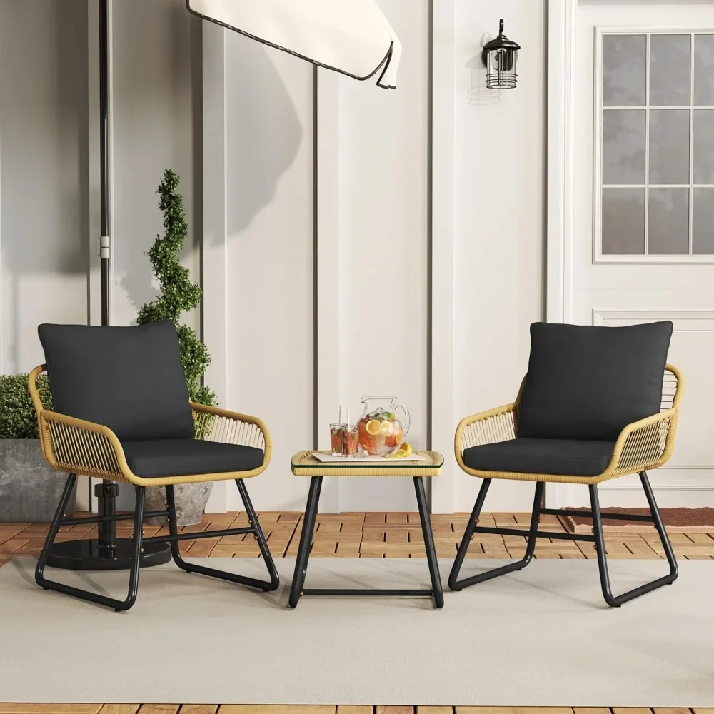 

3 Piece Patio Bistro Set Outdoor Wicker Bistro Furniture Sets, 2 Rattan and Glass Top Table for Patio Balcony, Porch,