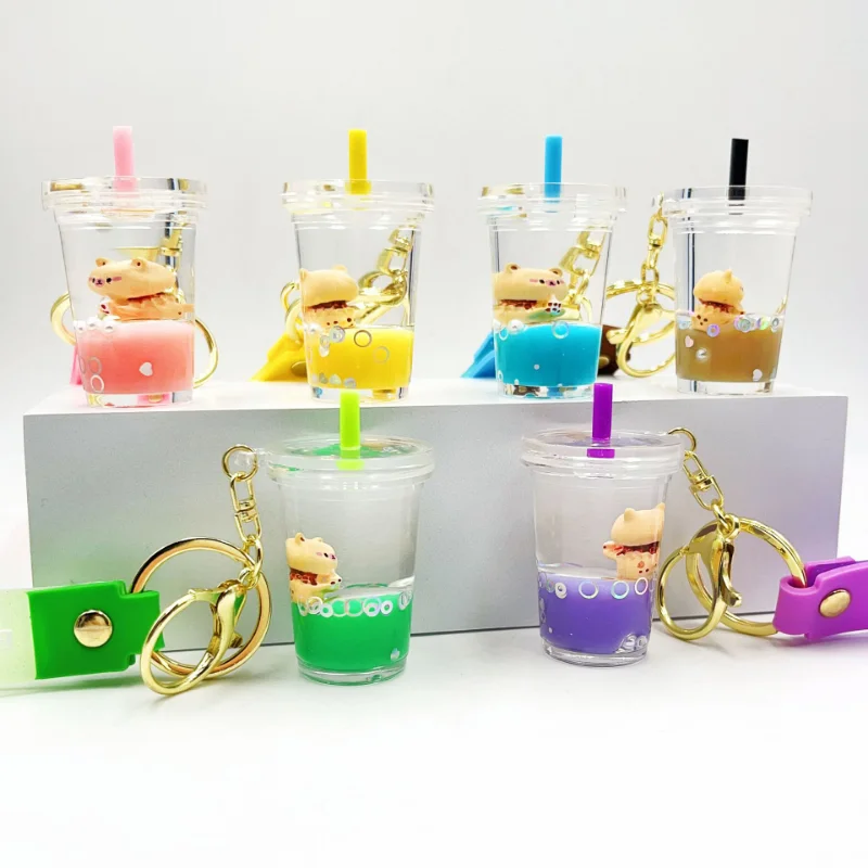 Acrylic creative oil bear milk tea cup keychain couple cute quicksand pendant drift bottle