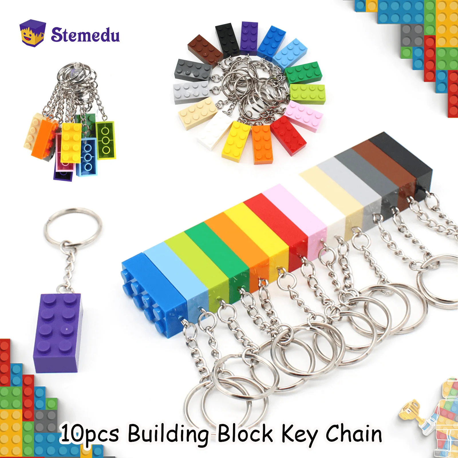 10pcs DIY MOC Brick Keychain Plate Thick Bricks 2x4 3001 Key Chain Building Block Xmas Gift for Kids Compatible with Legoeds