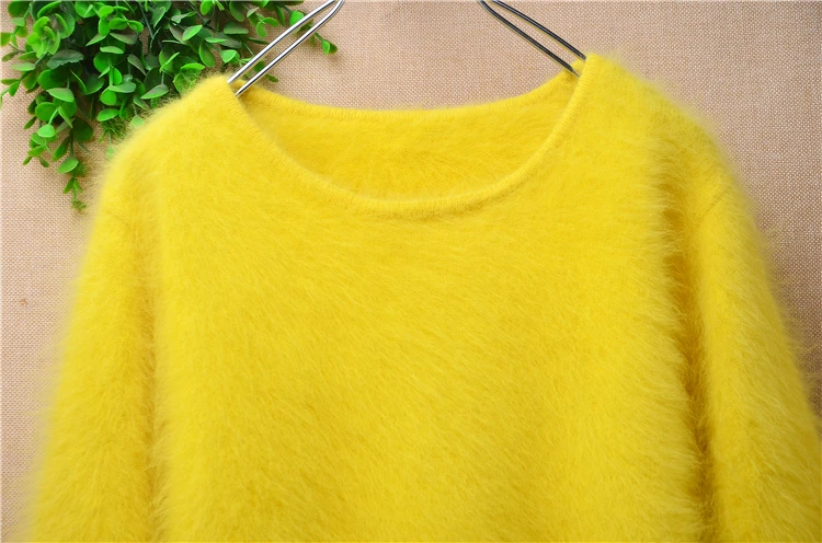 Ladies Women Fall Winter Clothing Yellow Mink Cashmere Knitted Long Lantern Sleeves O-Neck Slim Blouses Pullover Jumper Sweater