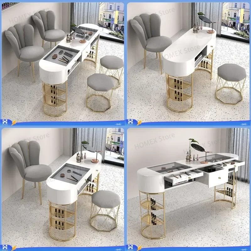Luxury Glass Manicure Table Gold Nail Desk Single Double Station Professional Salon Furniture Set Modern Beauty Shop