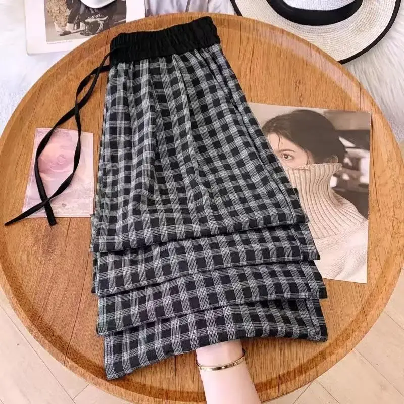 Checkered Wide Leg Pants for Women in Summer, Thin, High Waisted, Loose, Casual and Relaxed All Match Straight Leg Pants