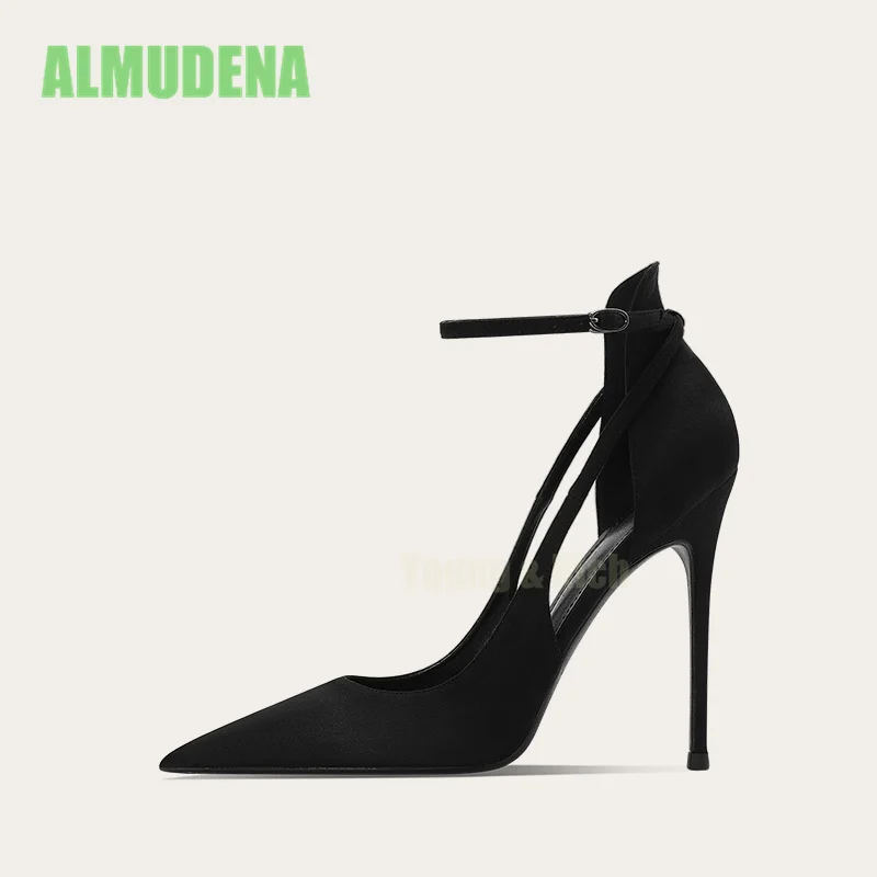 Black Suede Buckle with Hollowed Out Pointed Toe Temperament Single Shoe Niche Design Sexy Women's Slim High Heels