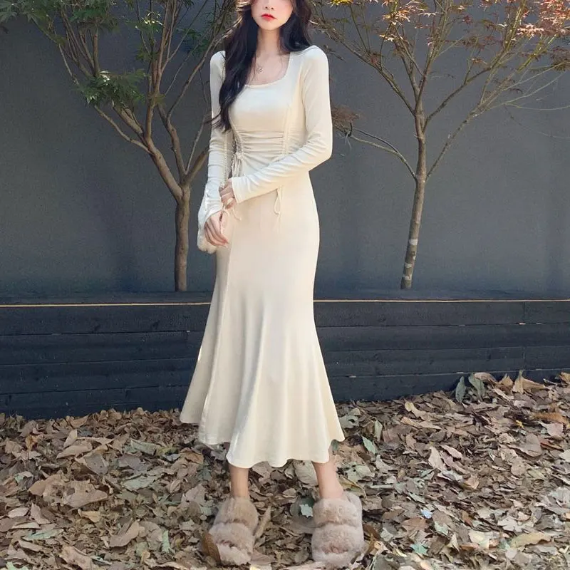 

French Style Waist Mermaid Dresses Women's Clothing Solid Color Autumn Aura Square Collar Stylish Shirring Drawstring Long Dress