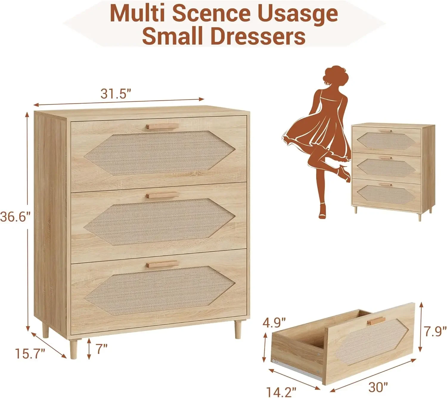 Dresser for Bedroom, Rattan Modern Closet Dressers Chest of Drawers, Wood Oak Storage Chest for Kids Bedroom, Hallway, Living Ro