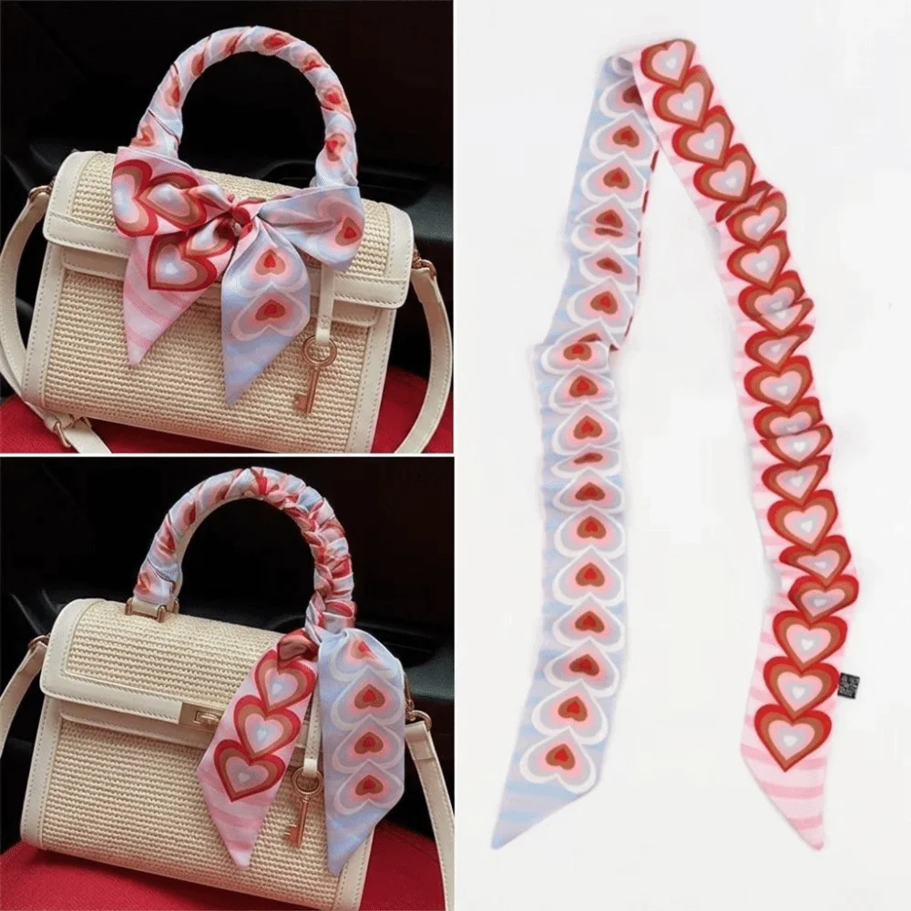 New Striped Slender Scarf Double Layer 120cm Length Satin Scarf Small Heart Pattern Decor Ribbon Scarf Accessory Decoration