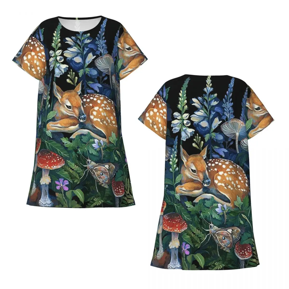 Custom Enchanted Forest Short Sleeves Nightdress For Sleeping Sleepshirts Women Short Sleeve Nightgowns Loose Pajama Dress