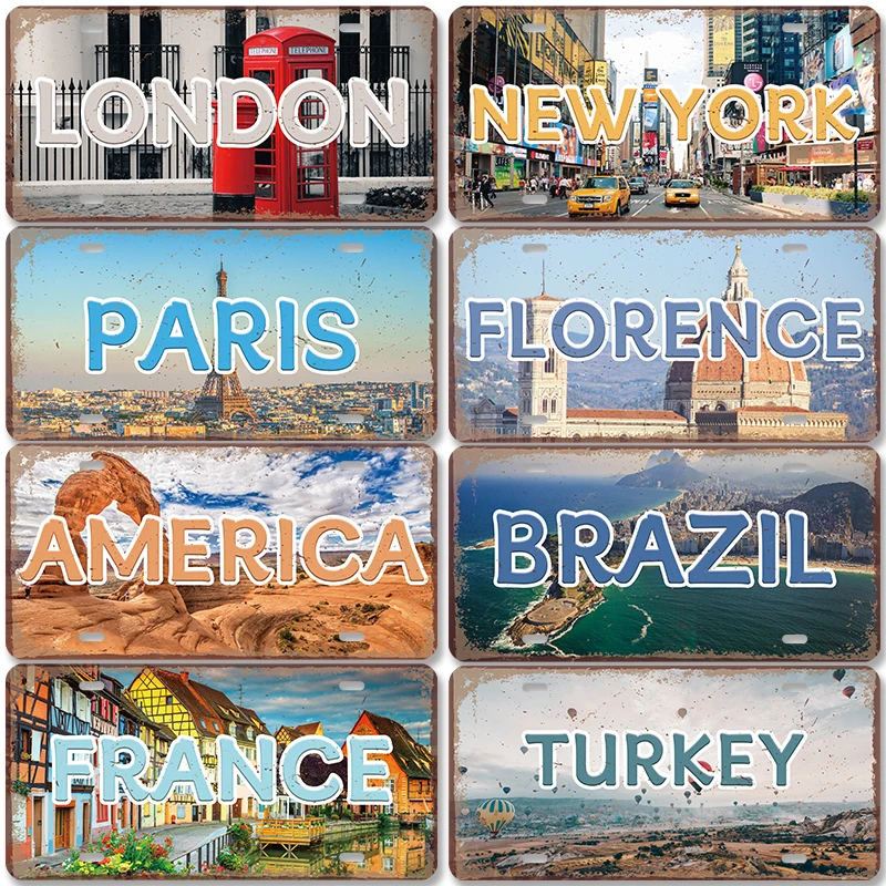 Country Capital City License Plate Metal Signs Retro America France Brazil Turkey Metal Poster Cafe Bar Pub Man Cave Wall Decor