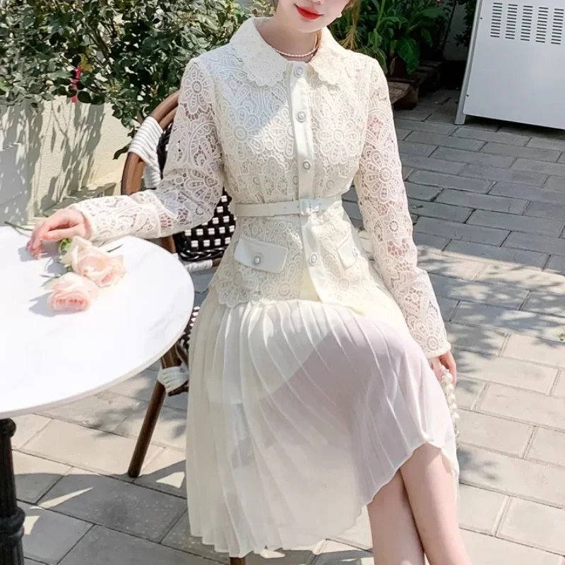 

Elegant White Lace Dress for Women Turn-down Neck Summer Holiday Pleated Dresses Mini Runway Design Vintage Vestidos