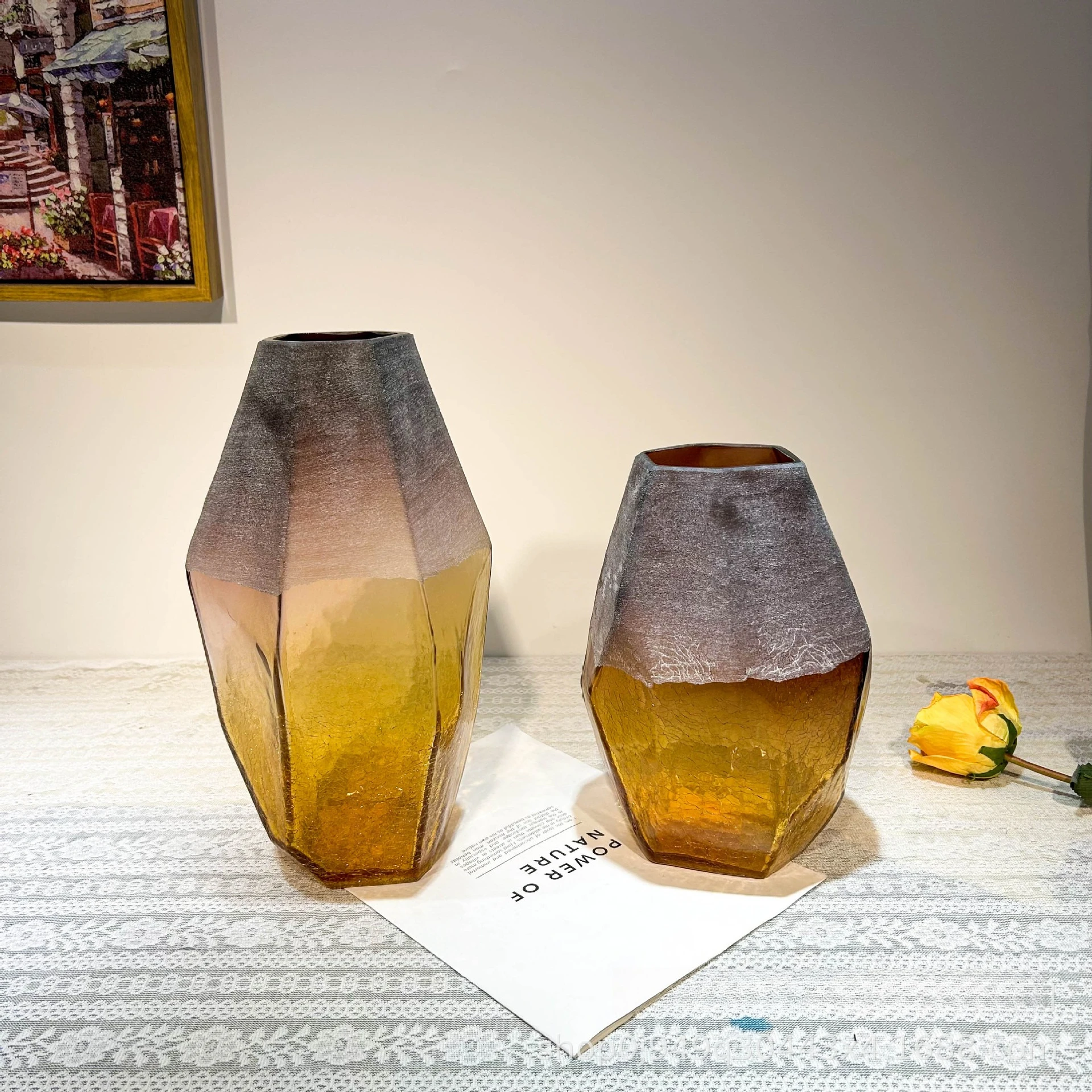 

American retro geometric matte ice crack handmade vase home model room office high-end decorative ornament