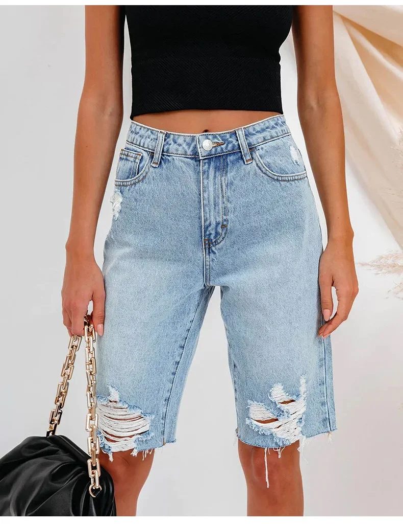 2024 New Women Summer Ripped Knee Length Denim Shorts Fashion High Stretch Slim Jeans Shorts Casual Female Clothing