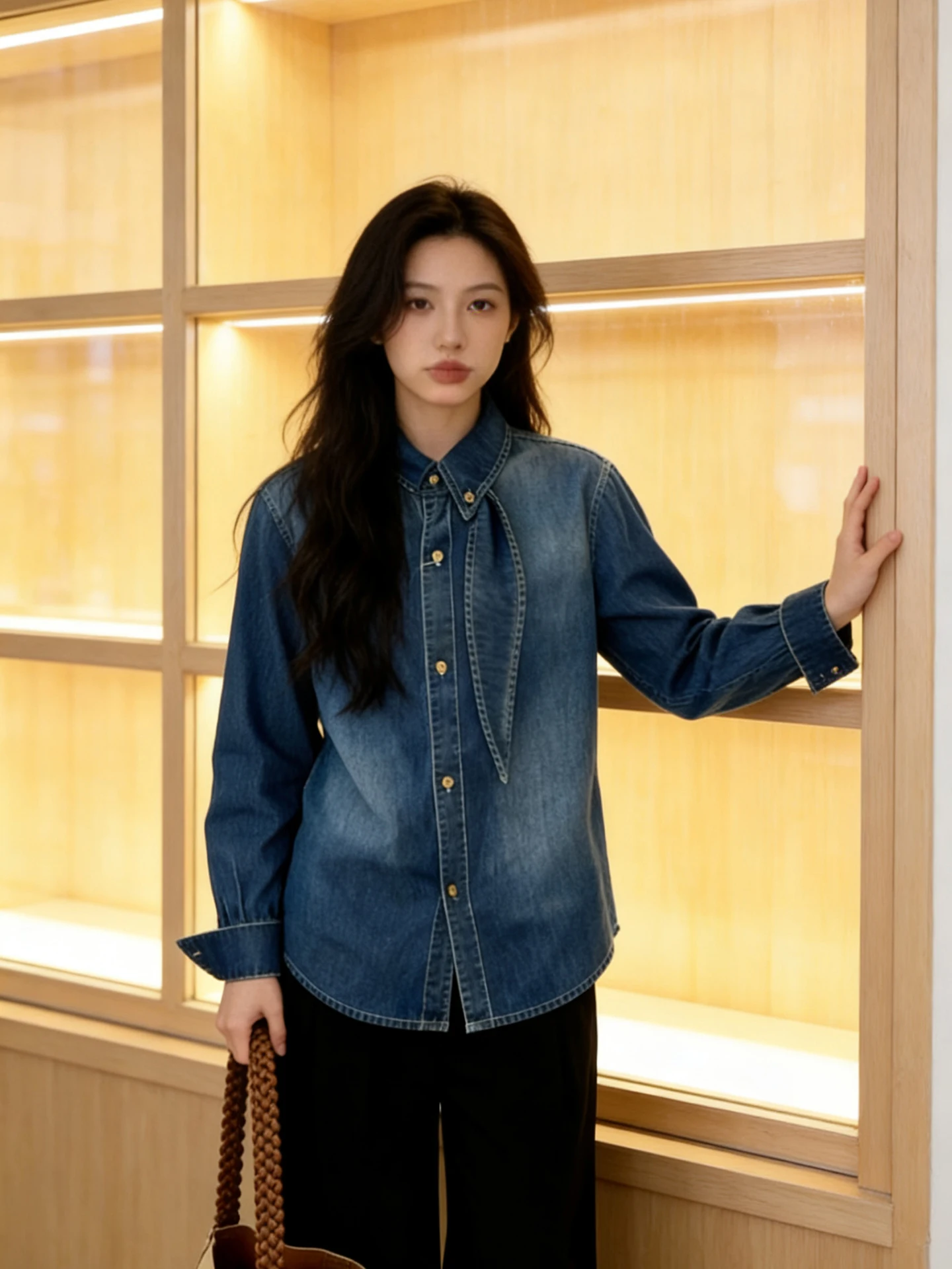 

Ретро-рубашка из синего денима с воротником, женская, свободного кроя, повседневная, с длинными рукавами, для весеннего сезона, однотонная, для работы и повседневной носки