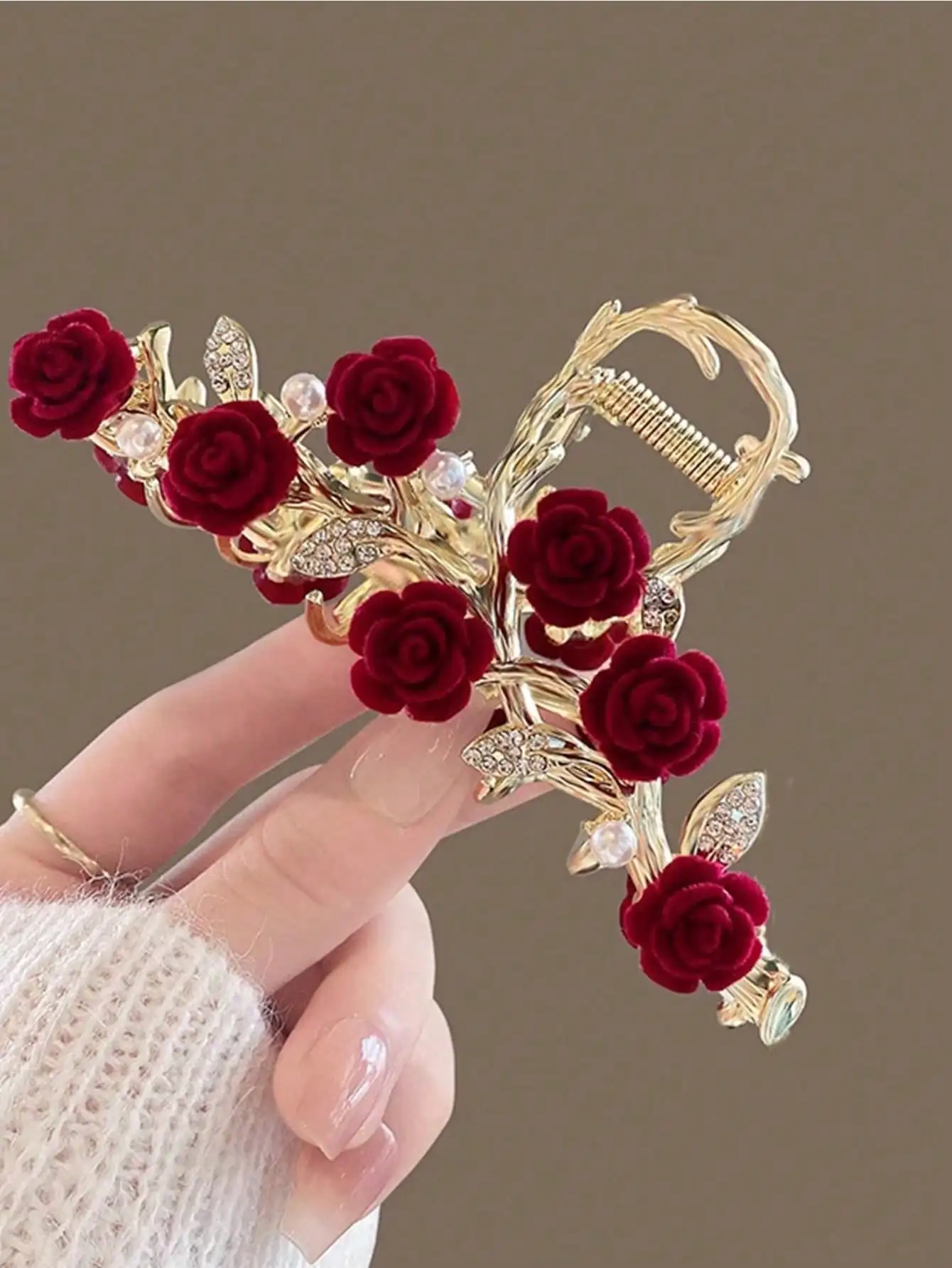 1 Pcs Fashion Plucked Rose Rhinestone Pearl Tassel Hair Claws For Women Girls Party Hair Accessories image 5