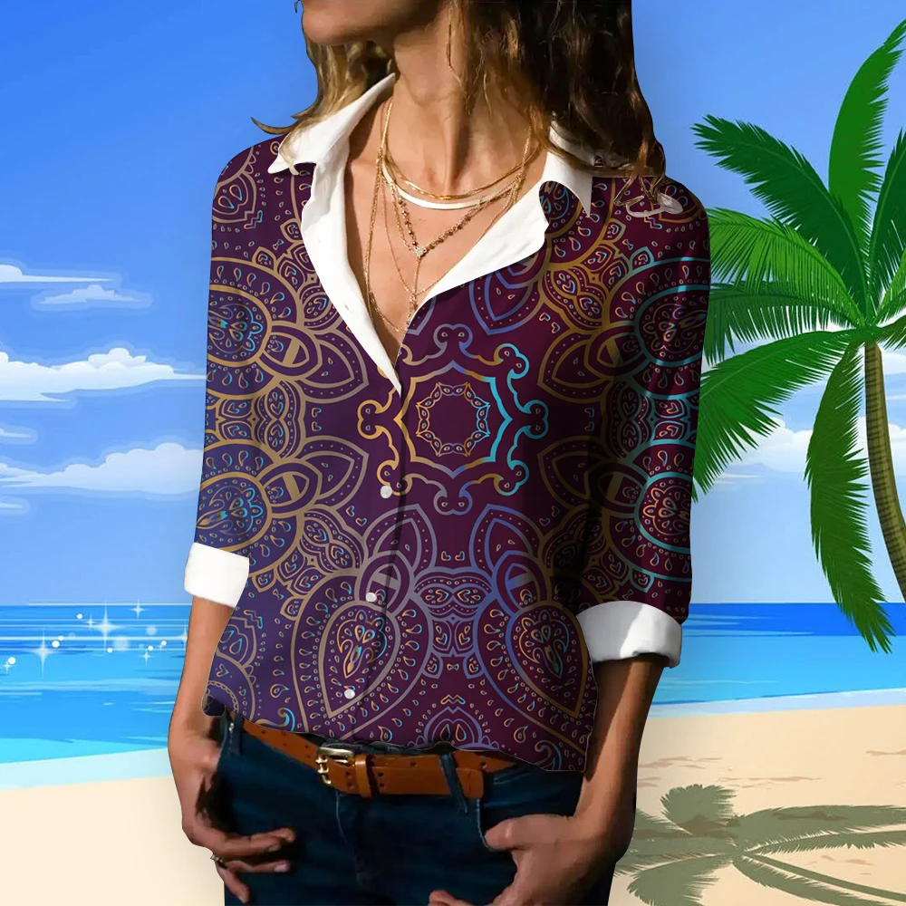 Camisa havaiana de mangas compridas feminina, estampa geométrica, blusa simples senhora do escritório, tamanho grande, na moda, primavera, verão