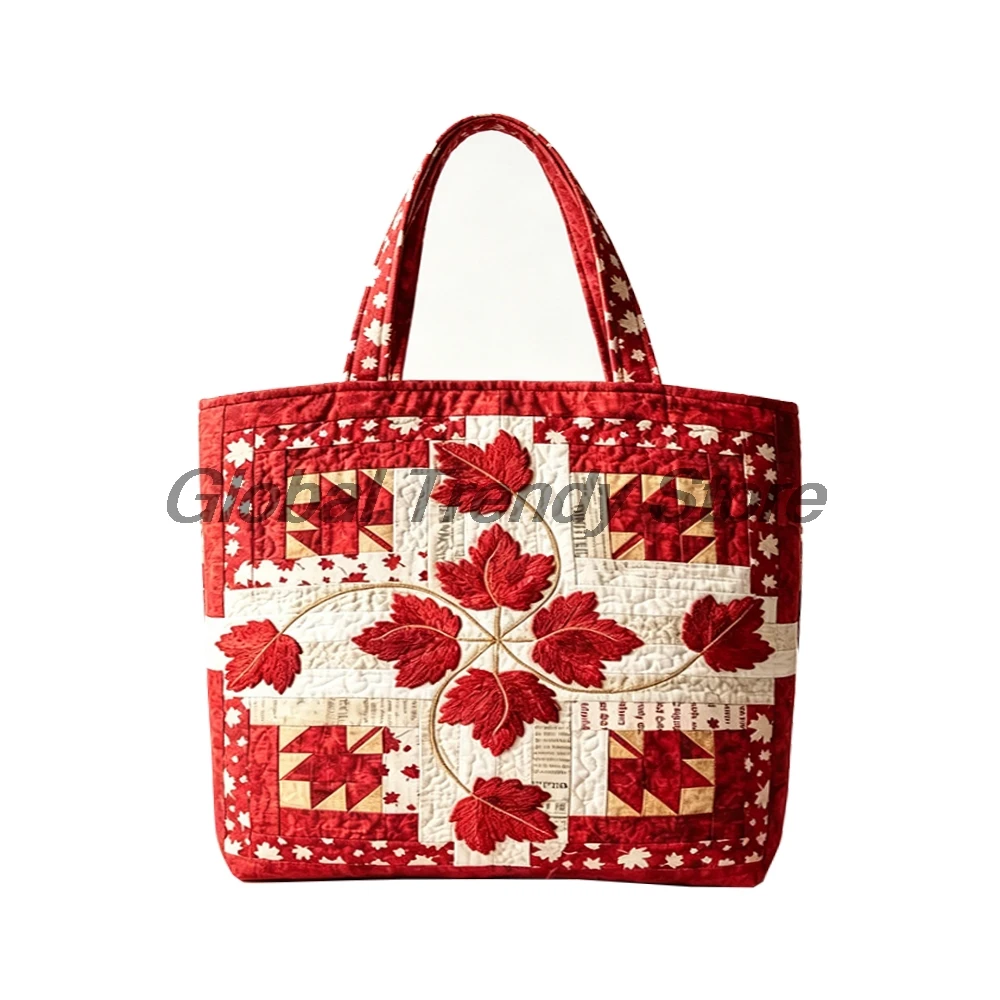 Lady's Canadian Maple Leaf Quilted Tote Vintage Patchwork Shoulder Bag Women Casual Daily Handbag For Shopping