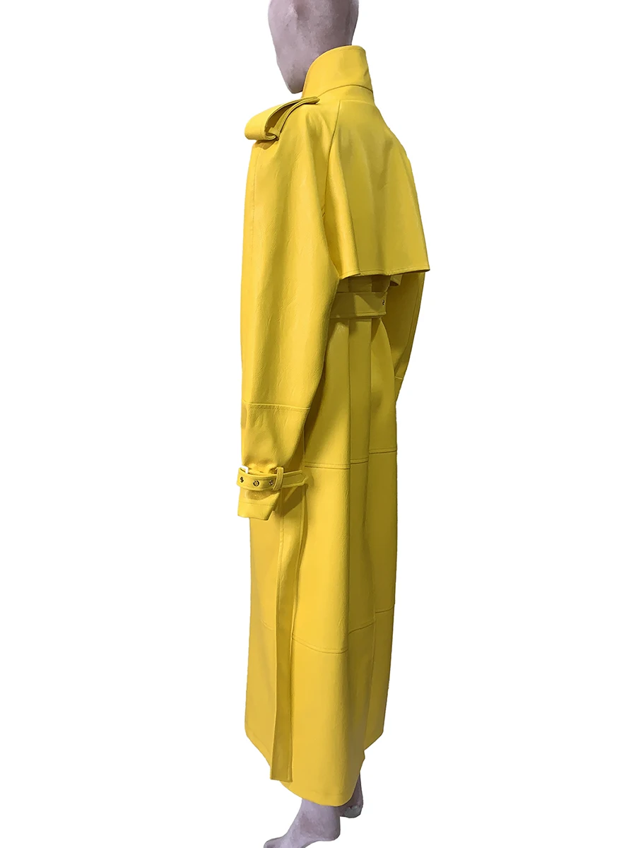 Trench da donna in ecopelle giallo brillante extra lungo primavera autunno per spalle da donna Abiti firmati di lusso doppiopetto
