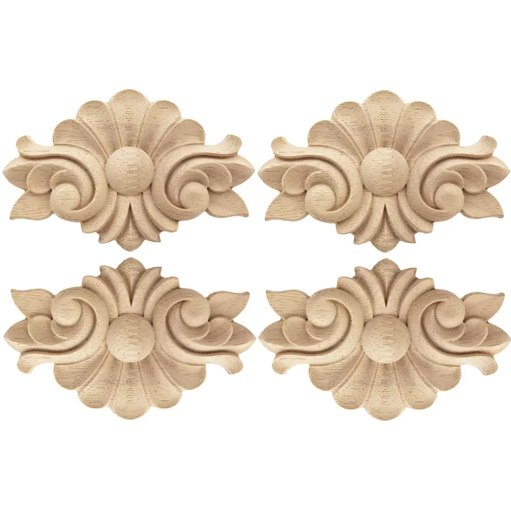 4PCS Ornamental Unpainted Long Leaves Rubber Wood Furniture Decoration Accessories Doors Wooden Figurines Decal Wood Applique