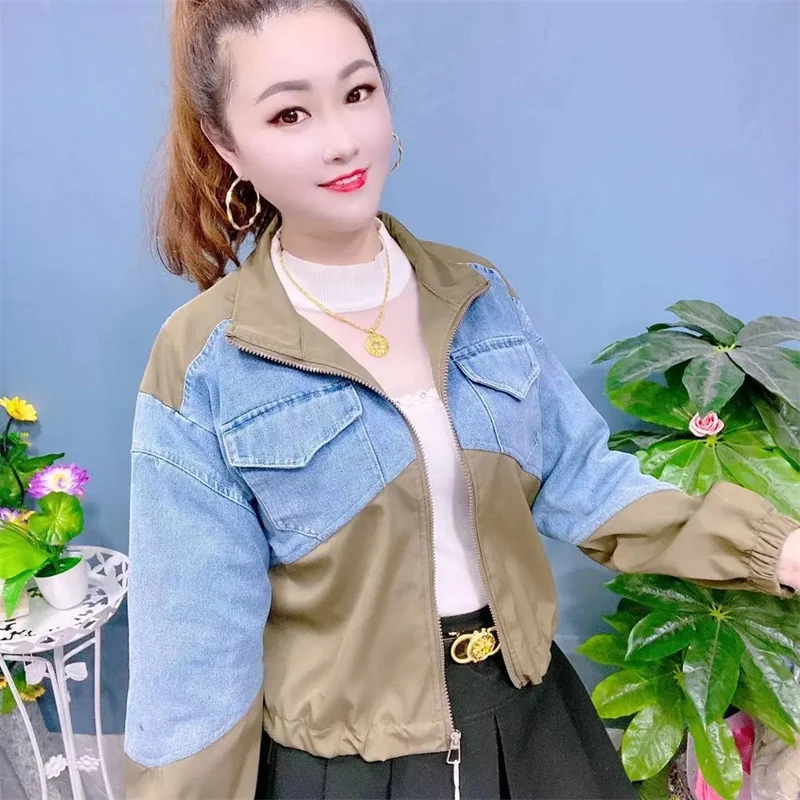 Spring And Autumn New Fashion Contrast Denim Stitching Coat Casual Joker Short 2024 College Wind Girl Temperament Jacket