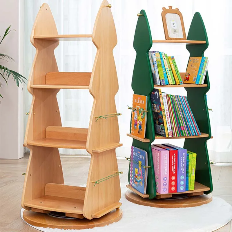 All solid wood pine bookcase children's Christmas tree storage multi-layer color 360 degree rotating bookcase