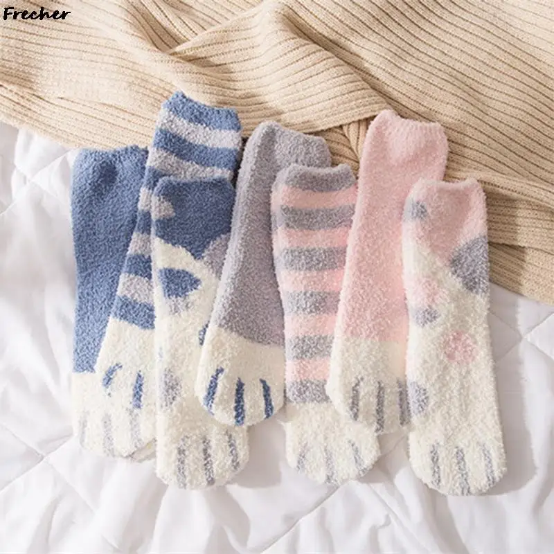 Coral Fleece Cute Cat Paw Socks Women Cartoon Sleeping Floor Sox Girls Comfort Thermal Sokken Animal Pattern Winter Plush Sock