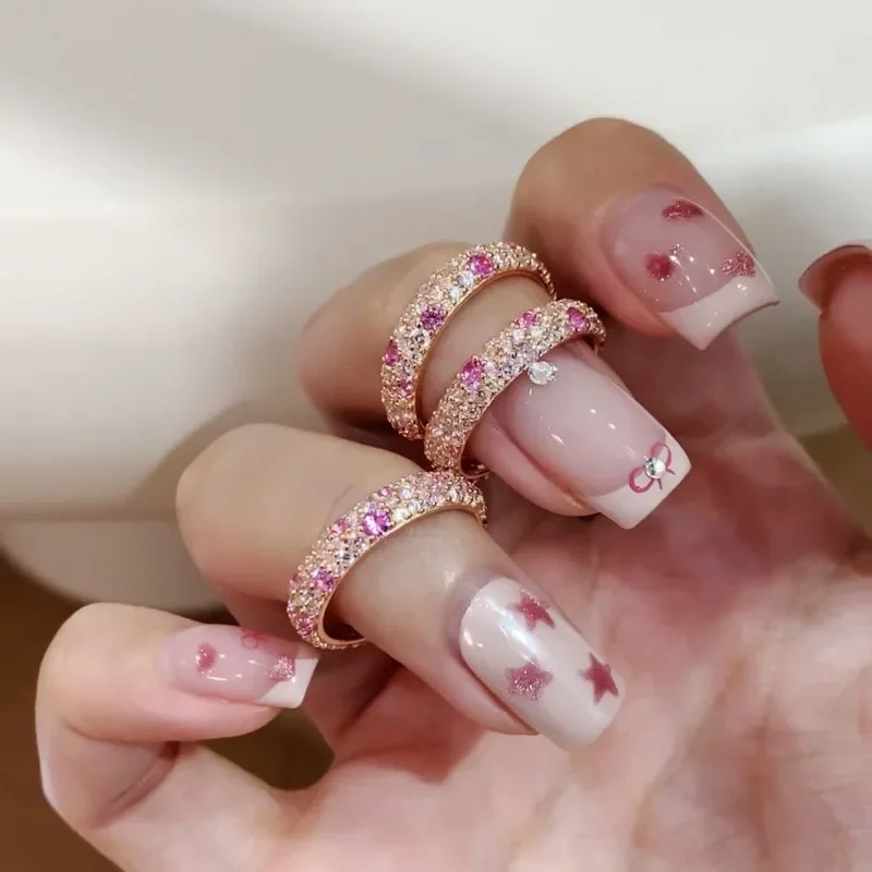 خاتم كريستال كامل مطلية بالنحاس للنساء ، ذهب وردي ، لامع ، حلو ، فاخر ، زفاف ، هدية مجوهرات ، جديدة #1