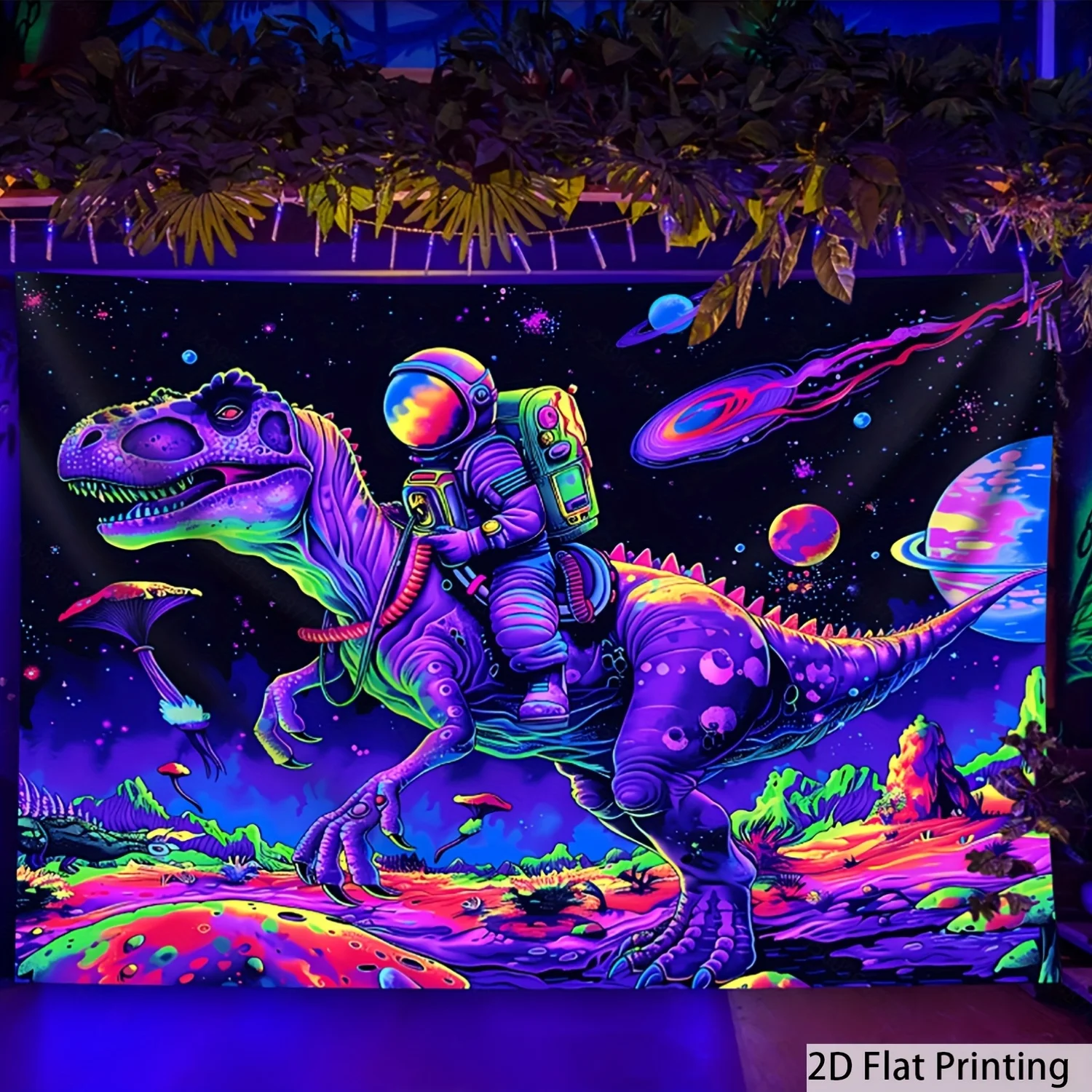 Vibrant Dino Astronaut Space Galaxy Mural Tapestry Boho Wall Art Retro Sci-Fi Cosmic Jungle Print Home Decor Gift Idea for Bedro