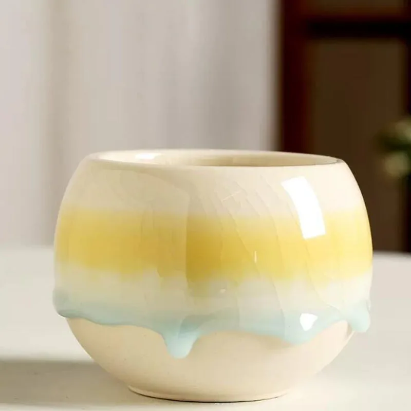 Ice Crack Glazed Succulent Planter Gradient Ceramic Flower Pot with Flowing Glaze Breathable Home Garden Decor