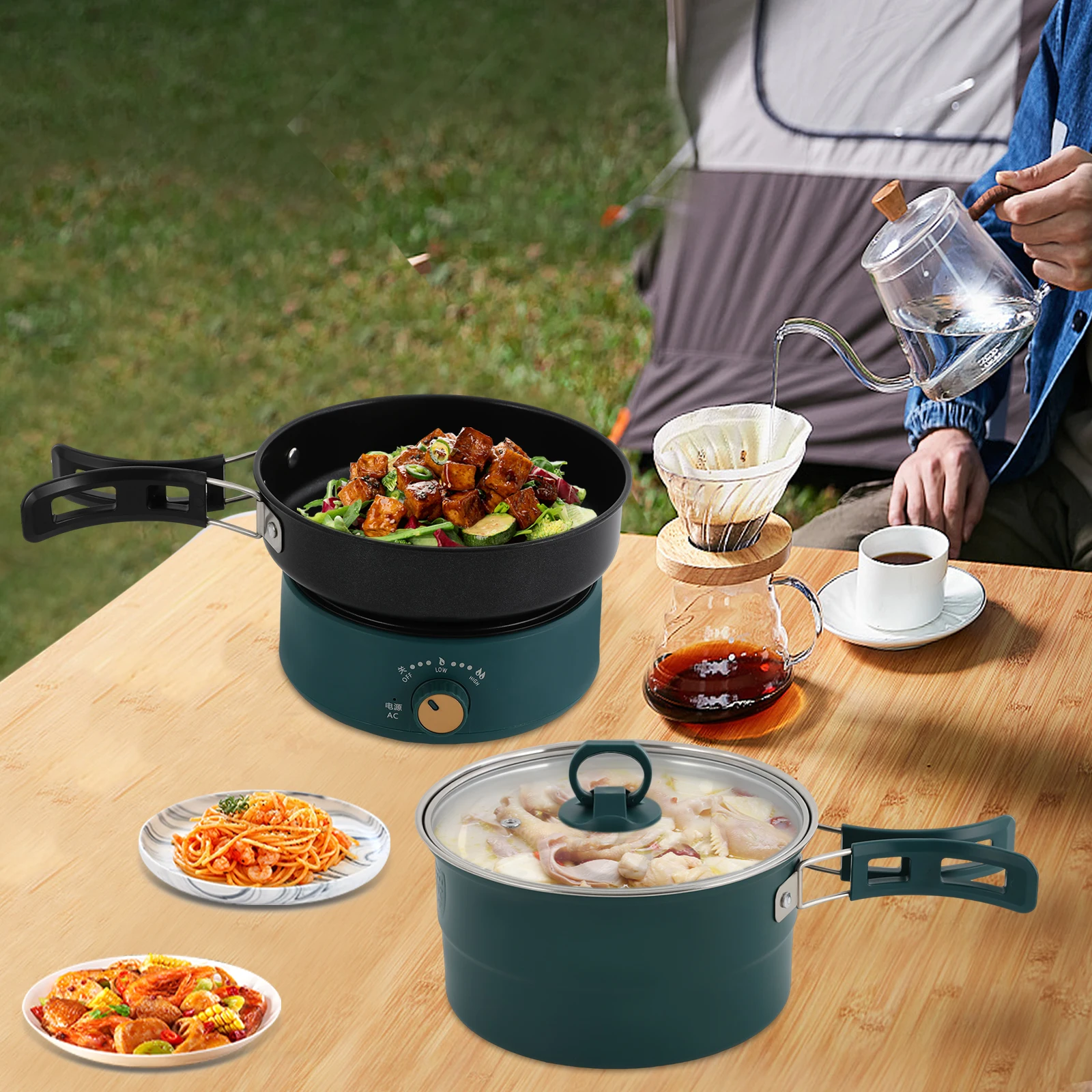Portable Electric Hot Pot with Foldable Handles, Non-stick Frying Pan, Mini Hot Pot, Multi-Functional Ramen Noodle Cooker