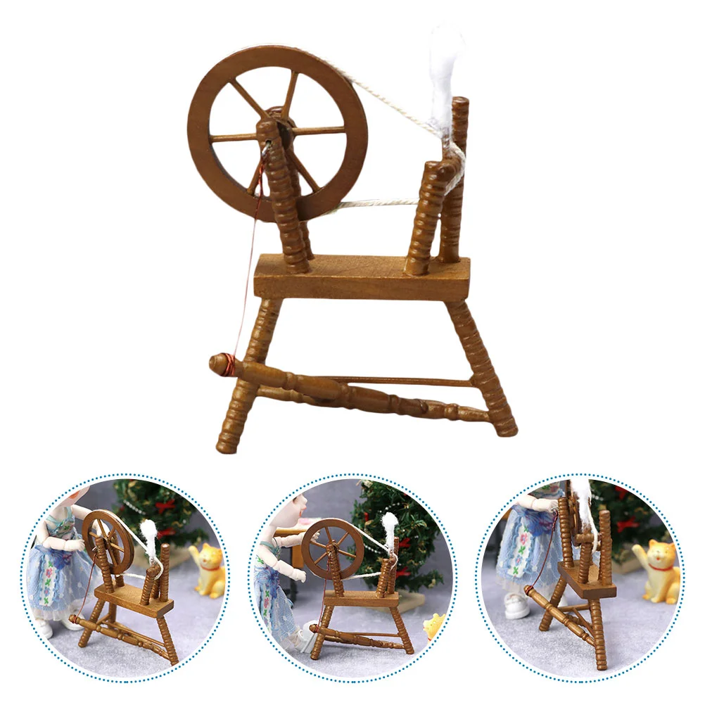 House Vintage Spinning Wheel Ornament Playhouse Adornment Miniature Scene Model Child Woody Toy