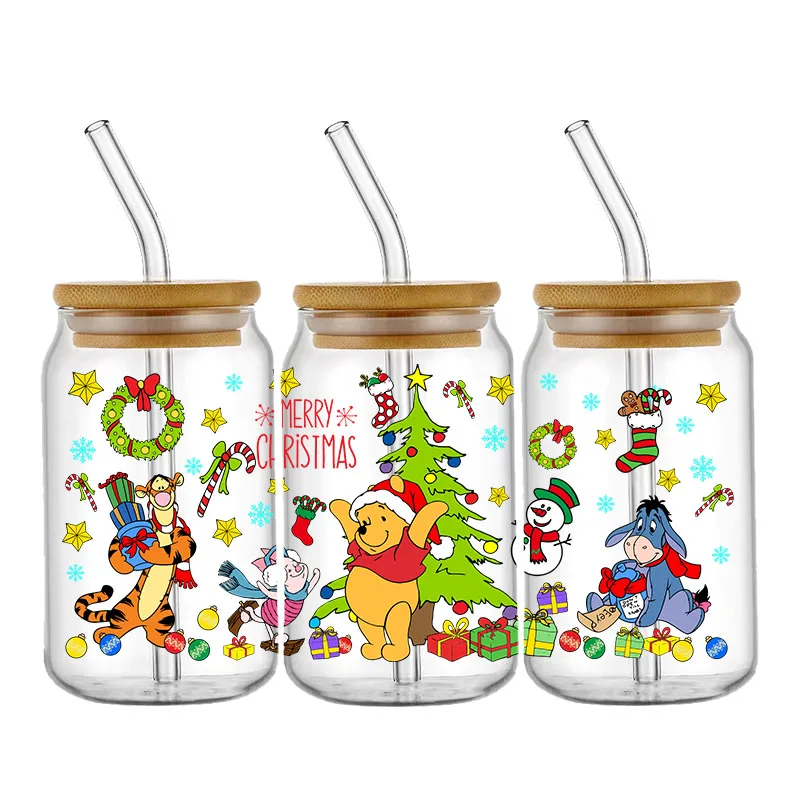 Miniso Christmas Pooh Decal UV DTF Cup Wrap for 16oz Washable DIY Mug Cute Cartoon Bear Transfer Sticker