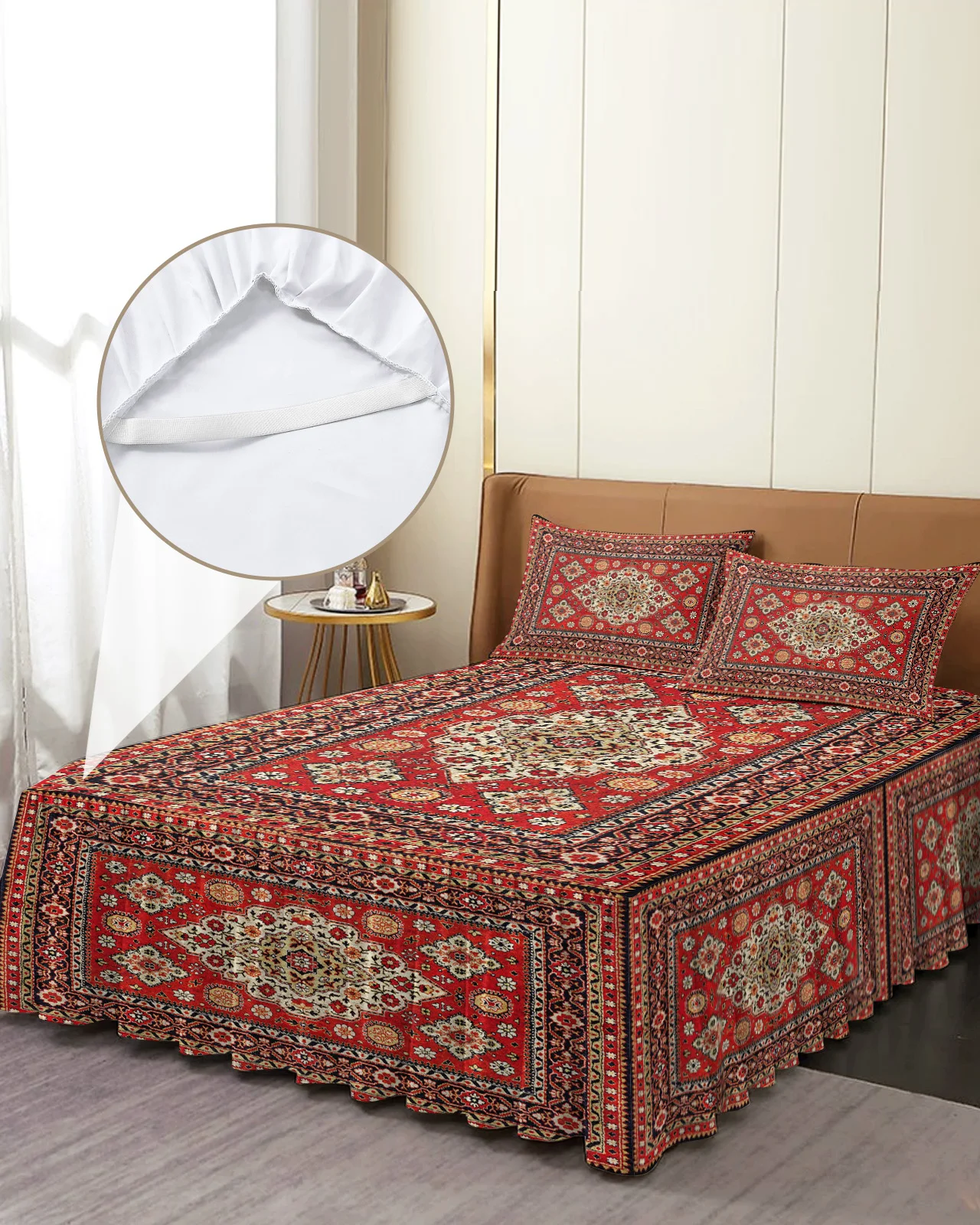 Vintage Flower Indian Bohemia Bed Skirt Elastic Fitted Bedspread With Pillowcases Mattress Cover Bedding Set Bed Sheet