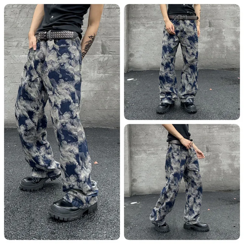 Streetwear high-end tide fashion personality jacquard baggy jeans men y2k pants handsome men's wide-legged pants