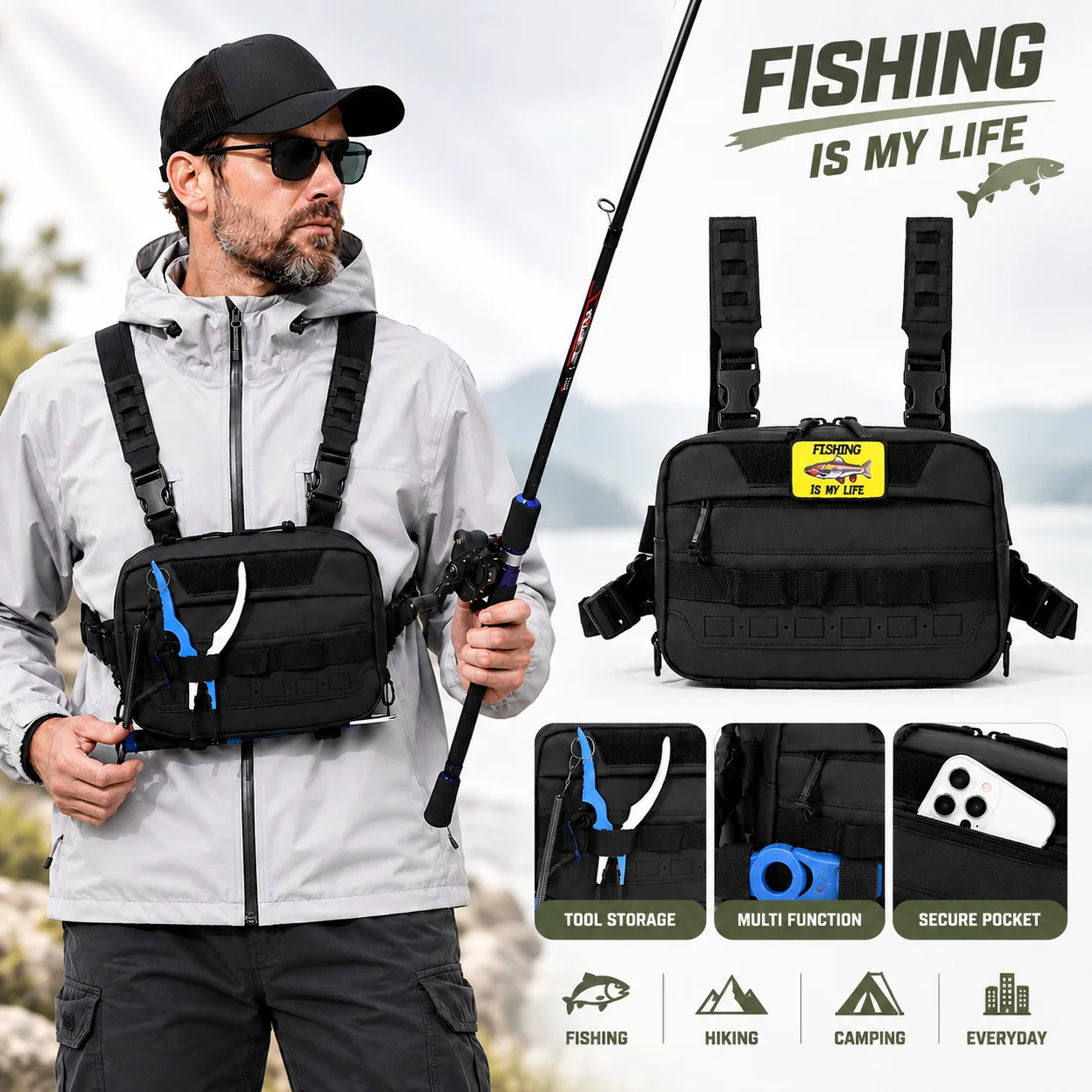 Fishing Chest Bag Waist Fanny Pack Tackle Fishing Pouch Bag MOLLE Tactical Bag for Outdoor Hiking Camping Hunting