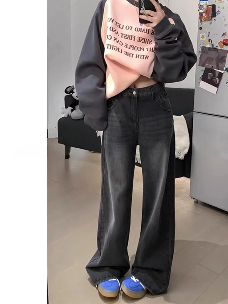 アメリカンレトロデニムジーンズ女性のプラスサイズルーズ痩身ハイウエストストレートレッグワイドレッグフロアレングスパンツ