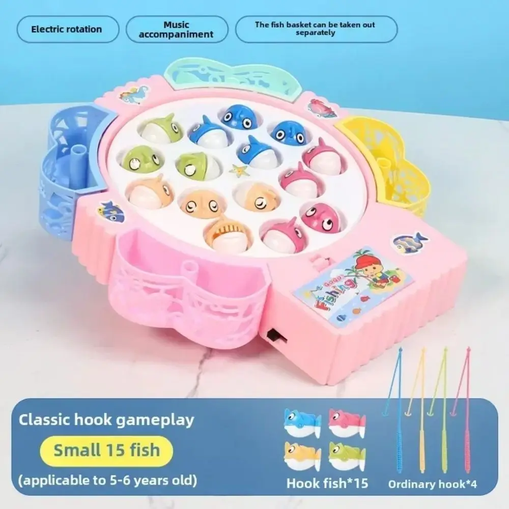 Kreatives Kunststoff-Angelspielzeug, blau, rosa, 15 Fische, 4 Ruten, Angelscheibe, magnetischer elektrischer Spin mit Musikspielzeug, Geschenk
