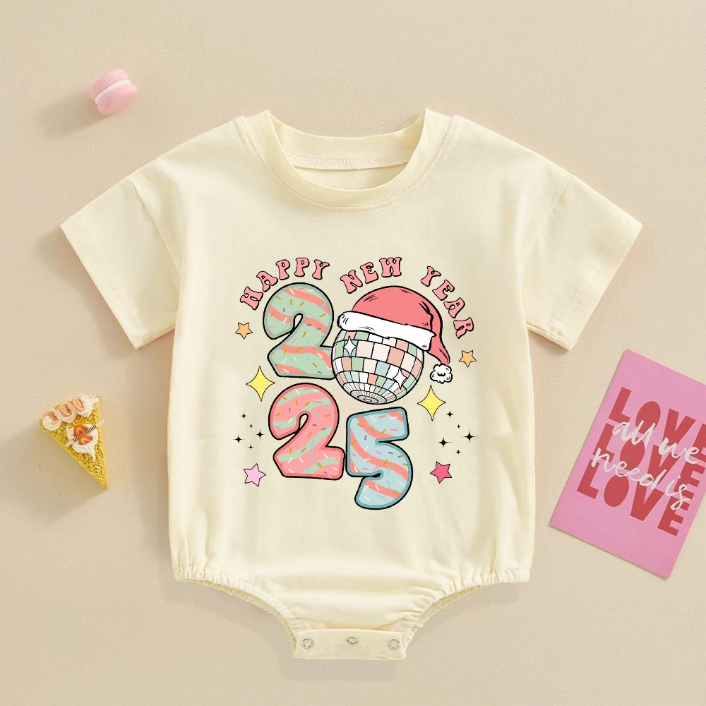 Hello 2025 Happy New Year Printed Baby Bubble Romper Newborn Bodysuit Infant Large Baptism Outfit Toddler New Year Party Clothes