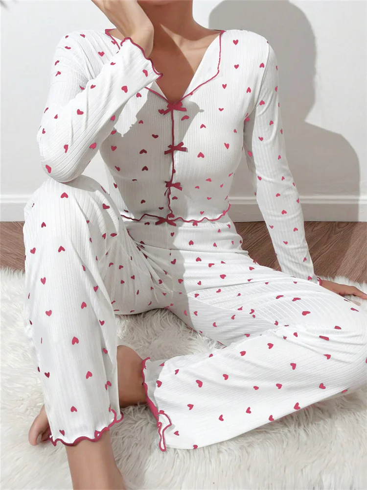 Sexy Bow Collar Women's Pajama Heart Printed Pajama Set Home Clothes Long Sleeve Pajama