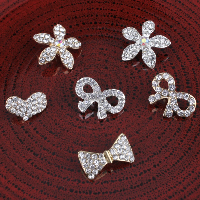 120PCS Bows/heart/starfish Vintage Metal Rhinestone Buttons Bling Alloy Crystal Shank Flower Centre Buttons for Hair accessories