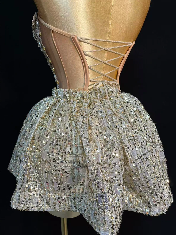 design Sequines crystal costume for women sliver Party Prom strapless mini skirt 2 pcs sets dance birthday nightclub performance