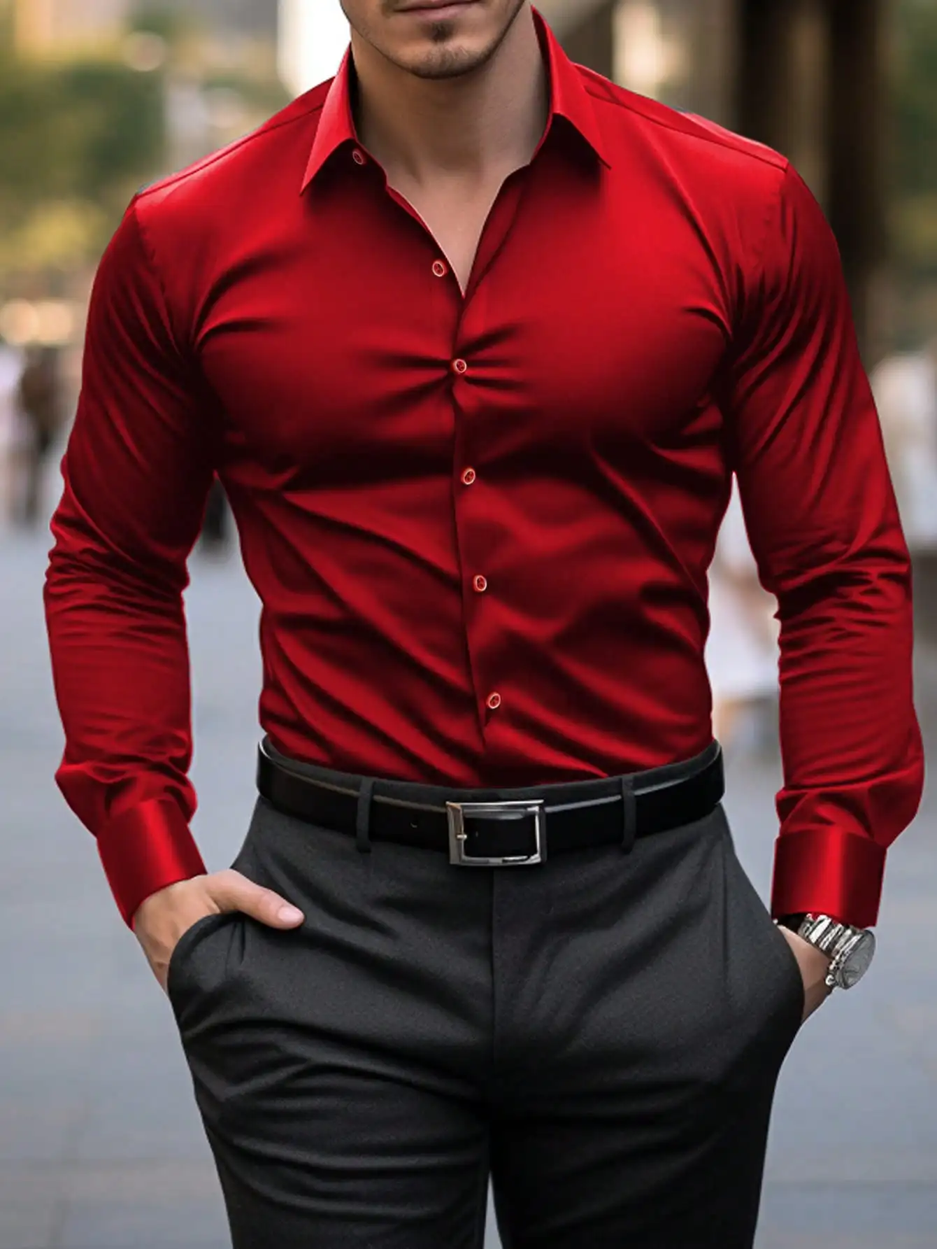 

Men's Solid Red Long Sleeve Formal Dress Shirt for Business & Commute