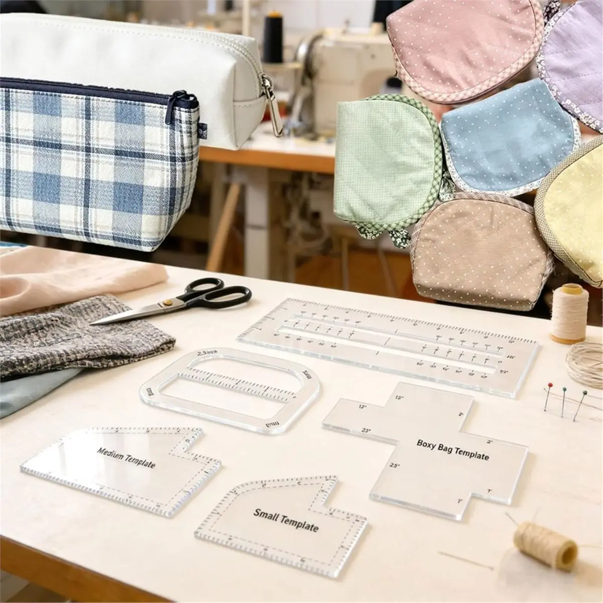 ABCD 5Pcs Boxy Bag Making Templates for DIY Sewing Lover, Acrylic Bag Ruler Set with Zipper Pocket, Curve & Handbag Patterns