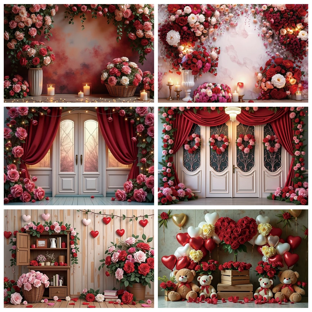 

MOON.QG 2025 Valentines Day Background Photography February 14 Backdrop Draping Fabric Flower Lights Wood Photo Studio Photozone