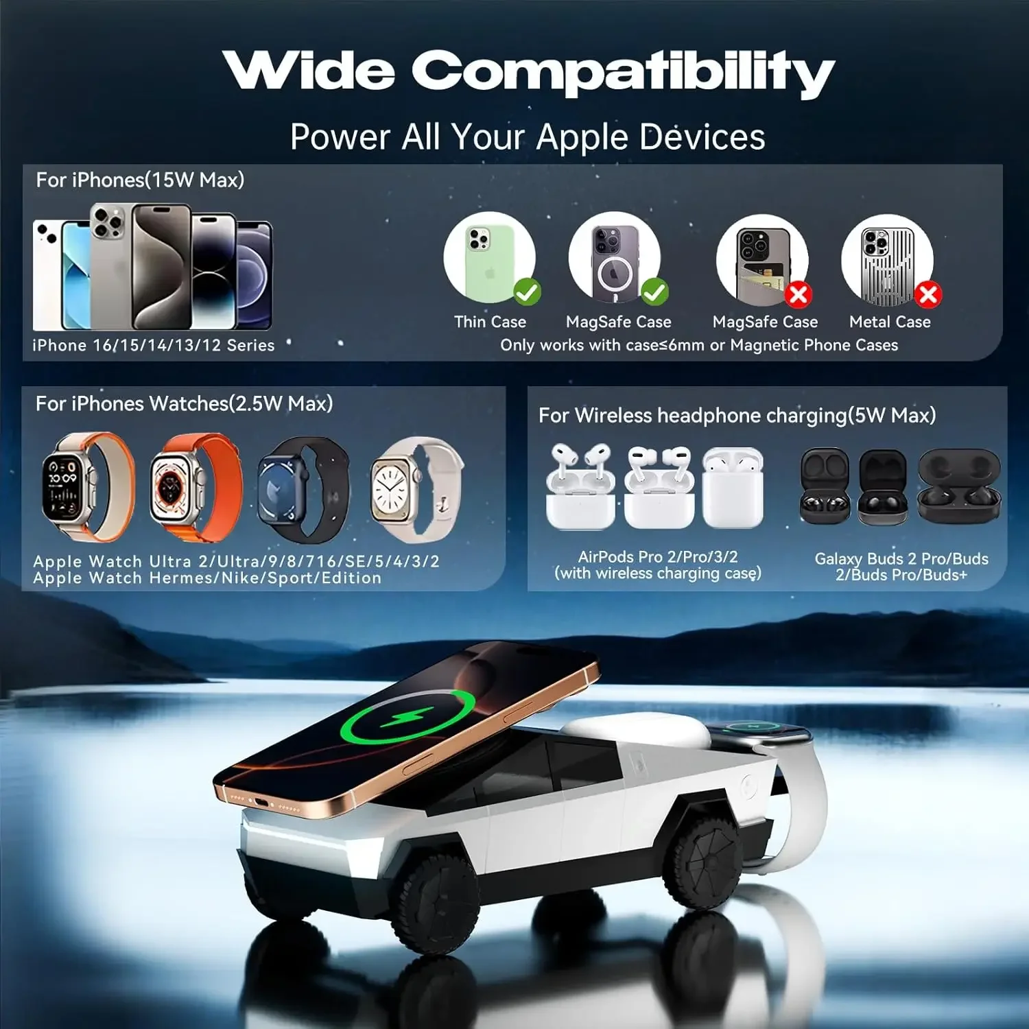 3 in 1 Magnetic Fast Wireless Charger Desktop Phone Stand For IPhone 17 16 Pro Max Apple & Samsung Watch Airpods Pro CyberTruck