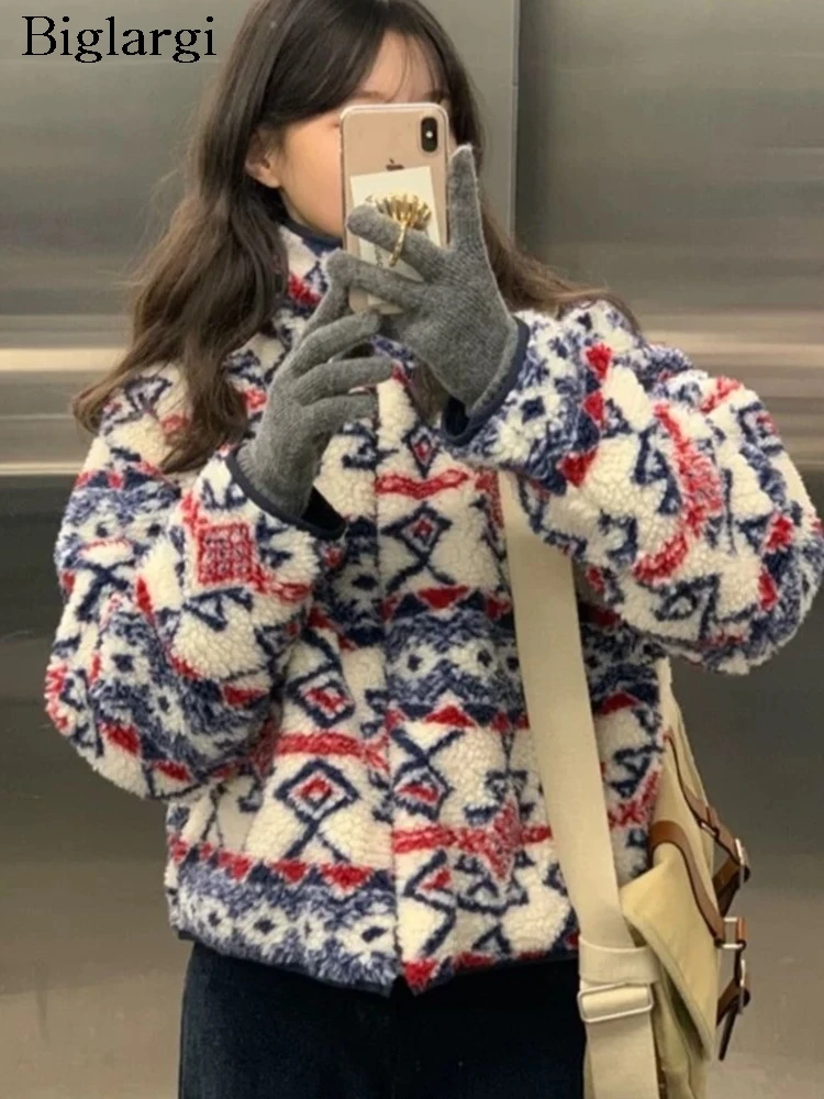 

Двустороннее осенне-зимнее пальто из овечьей шерсти, женские модные куртки с цветочным принтом в корейском стиле, свободные повседневные женские пальто